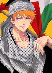 Rule 34 | &gt;:), 1boy, absurdres, adapted costume, bleach, brown eyes, closed mouth, collarbone, commentary, english commentary, eyebrows hidden by hair, flag, fringe trim, grey hat, hair between eyes, hat, highres, holding, holding flag, jordanian flag, kurosaki ichigo, looking at viewer, orange hair, scarf, short hair, simple background, smile, smirk, solo, spiked hair, tsurime, upper body, upturned eyes, v-shaped eyebrows, white scarf, yellow background, yshjsw