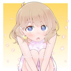 Rule 34 | 1girl, :o, ahoge, blue eyes, blush, brown hair, collarbone, commentary, dated, dress, earrings, floral print, happy birthday, heart, heart earrings, highres, idolmaster, idolmaster million live!, jewelry, looking at viewer, medium hair, petals, pink dress, pogii, print dress, sidelocks, sleeveless, sleeveless dress, solo, squatting, suou momoko, wavy hair, yellow background