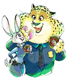 Rule 34 | artist request, benjamin clawhauser, brown eyes, rabbit, cheetah, disney, doughnut, food, furry, judy hopps, looking at another, necktie, police, police uniform, purple eyes, simple background, uniform, white background, zootopia