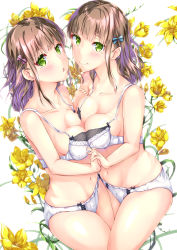 Rule 34 | 2girls, blue bow, blush, bow, bow bra, bow panties, bra, breast press, breasts, brown hair, chestnut mouth, closed mouth, collarbone, commentary request, dutch angle, freesia (flower), frown, green eyes, hair bow, head tilt, highres, holding hands, incest, interlocked fingers, medium breasts, medium hair, mizuki kakeru, mole, mole under eye, multiple girls, navel, open mouth, original, panties, partial commentary, purple bra, siblings, sisters, smile, straddling, symmetrical docking, thighs, twins, underwear, underwear only, white background, white bra, white panties, yuri