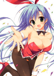 Rule 34 | 1girl, :d, absurdres, black pantyhose, blue hair, breasts, cleavage, confetti, detached collar, earrings, green eyes, high heels, highres, jewelry, large breasts, leotard, long hair, open mouth, outstretched hand, pantyhose, playboy bunny, ryouka (suzuya), smile, solo, very long hair, wrist cuffs