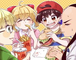 Rule 34 | 1girl, 3boys, baseball cap, black hair, blonde hair, blue eyes, blush, burger, cyappy1022, drinking straw, food, french fries, glasses, hat, highres, jeff andonuts, mother (game), mother 2, multiple boys, ness (mother 2), nintendo, paula (mother 2), poo (mother 2), shirt, short hair, smile, striped clothes, striped shirt