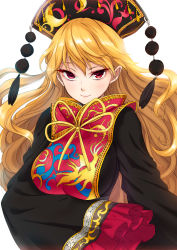 Rule 34 | 1girl, absurdres, big hair, black dress, blonde hair, breasts, chikado, chinese clothes, colored eyelashes, colorized, derivative work, dress, female focus, floating hair, frilled sleeves, frills, half-closed eyes, hat, highres, junko (touhou), kietai na, large breasts, long sleeves, red eyes, ribbon, simple background, slit pupils, smile, solo, tabard, touhou, upper body, white background, wide sleeves