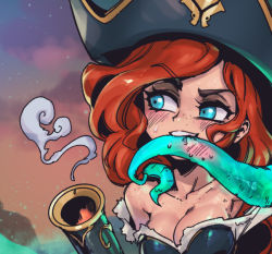 Rule 34 | 1girl, biting, black headwear, breasts, cleavage, collarbone, green eyes, grey shirt, gun, holding, holding gun, holding weapon, large breasts, league of legends, long hair, miss fortune (league of legends), mouth hold, multicolored background, phantom ix row, red hair, shiny clothes, shirt, solo, tentacles, weapon