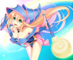 Rule 34 | 1girl, bare shoulders, blonde hair, blush stickers, breasts, cleavage, dark magician girl, duel monster, green eyes, hat, long hair, nyanmaru, open mouth, pentacle, smile, solo, staff, wizard hat, yu-gi-oh!, yuu-gi-ou, yu-gi-oh! duel monsters