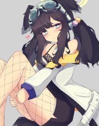 Rule 34 | 1girl, animal ears, bare shoulders, black hair, blue archive, blue eyes, blush, breasts, closed mouth, dog ears, dog girl, dog tail, eyewear on head, fishnets, goggles, goggles on head, grey background, hair ornament, halo, heart, hibiki (blue archive), highres, jacket, long hair, long sleeves, looking at viewer, medium breasts, mountain yasan, off shoulder, open clothes, open jacket, pantyhose, purple eyes, sidelocks, simple background, sitting, smile, solo, tail, thighs, twintails, yellow halo