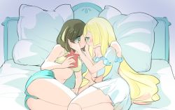 Rule 34 | 2girls, ass, bed, bedroom, blonde hair, blush, bra, breasts, brown eyes, brown hair, chorimokki, creatures (company), cuddling, dress, facing another, game freak, gen 4 pokemon, green eyes, green shorts, hands on another&#039;s face, imminent kiss, kiss, lillie (pokemon), long hair, lying, medium breasts, midriff, multiple girls, navel, nintendo, on bed, on side, open mouth, pillow, pokemon, pokemon (creature), pokemon sm, rotom, rotom dex, selene (pokemon), short hair, shorts, simple background, smile, spooning, underwear, yuri