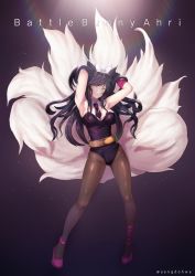 Rule 34 | 1girl, ahri (league of legends), animal ears, bad id, bad pixiv id, bare shoulders, battle bunny riven, battle bunny riven (cosplay), black hair, breasts, cosplay, detached collar, facial mark, fake animal ears, fox ears, fox tail, hanato (seonoaiko), league of legends, leotard, long hair, looking at viewer, medium breasts, necktie, nontraditional playboy bunny, pantyhose, playboy bunny, rabbit ears, riot games, riven (league of legends), smile, solo, tail, whisker markings, wrist cuffs, yellow eyes