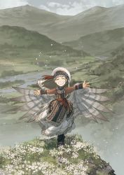Rule 34 | 1girl, asterisk kome, black footwear, brown hair, cliff, cloud, commentary request, day, dress, closed eyes, feathered wings, female focus, flower, grass, hat, highres, jewelry, long hair, long sleeves, looking at viewer, mountain, necklace, original, outdoors, river, shoes, sky, smile, solo, standing, teeth, traditional clothes, valley, vegetation, water, wide shot, winged fusiliers, wings