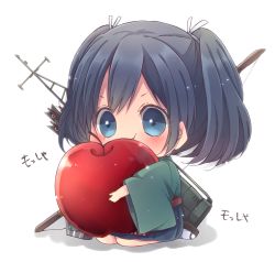 Rule 34 | 10s, 1girl, apple, arrow (projectile), black hair, blue eyes, bow (weapon), chibi, eating, food, fruit, hakama, hakama skirt, highres, japanese clothes, kantai collection, looking at viewer, mini person, minigirl, natubudou, hugging object, seiza, sitting, skirt, solo, souryuu (kancolle), translation request, twintails, weapon
