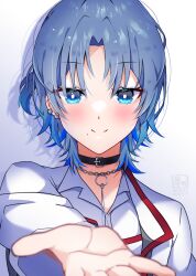 Rule 34 | 1girl, absurdres, black choker, blue eyes, blue hair, blush, breasts, choker, closed mouth, colored tips, ear piercing, highres, hiodoshi ao, hololive, hololive dev is, jewelry, looking at viewer, medium breasts, mole, mole under mouth, multicolored hair, parted bangs, piercing, regloss, satsuki (pixiv 742410), shirt, short hair, smile, solo, upper body, virtual youtuber, white background, white shirt