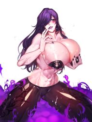 Rule 34 | 1girl, abs, absurdres, breasts, commission, highres, huge breasts, lips, long hair, nail polish, nyo0214, pantyhose, pasties, purple eyes, purple hair, solo, sweat, thick thighs, thighs, toned