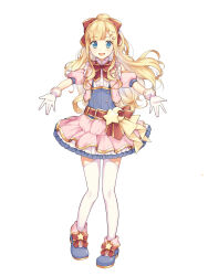 Rule 34 | 1girl, :d, belt, belt buckle, blonde hair, blue eyes, blue footwear, blue vest, blunt bangs, bow, bowtie, buckle, buttons, center frills, crescent, crescent hat ornament, detached sleeves, double-breasted, footwear bow, frilled shirt collar, frilled skirt, frills, full body, gloves, gold trim, hair bow, hair ornament, hairclip, hat ornament, highres, hoshikawa meru, idol clothes, iriam, jacket, lapel pin, lapels, long hair, looking at viewer, official art, open hands, open mouth, outstretched arms, pigeon-toed, pink jacket, pink skirt, pleated skirt, ponytail, puffy short sleeves, puffy sleeves, red belt, red bow, red bowtie, shirt, shoes, short sleeves, simple background, skirt, sleeveless, sleeveless jacket, sleeveless shirt, smile, solo, standing, star (symbol), star hair ornament, straight-on, takase kou, thighhighs, vest, virtual youtuber, waist bow, wavy hair, white background, white gloves, white shirt, white thighhighs, wide ponytail