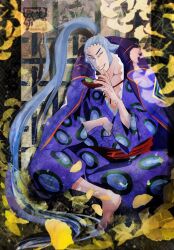Rule 34 | 1boy, blue eyes, blue hair, bowl, clenched teeth, commentary, commentary request, denjirou (one piece), english commentary, facial hair, full body, harakara12, high ponytail, holding, holding bowl, japanese clothes, kimono, long hair, long sideburns, long sleeves, male focus, mixed-language commentary, one piece, ponytail, sideburns, sitting, smile, solo, teeth, translation request