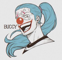 Rule 34 | 1boy, buggy the clown, clown, clown nose, cropped shoulders, facial tattoo, high ponytail, highres, laughing, long sideburns, looking at viewer, male focus, one piece, red lips, red nose, sideburns, skull tattoo, solo, sparse stubble, tattoo, tonta (tonta1231)