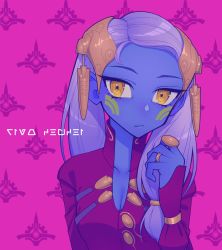Rule 34 | 1girl, 5health, absurdres, alien, animification, aurebesh, blue skin, breasts, character name, cleavage, colored skin, facial tattoo, headdress, highres, looking to the side, medium breasts, pink background, purple hair, riyo chuchi, solo, star wars, star wars: the clone wars, tattoo, twintails, yellow eyes