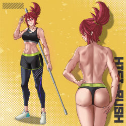 Rule 34 | 1girl, abs, absurdres, backboob, baton (weapon), blue eyes, blush, breasts, crop top, facing viewer, fax61209, from behind, full body, gym shorts, hair between eyes, hi-fi rush, highres, holding, holding staff, korsica (hi-fi rush), long hair, looking at viewer, medium breasts, multiple scars, pants, ponytail, red hair, salute, scar, shorts, simple background, smile, staff, sweat, toned, topless, two-finger salute, underwear, very sweaty, weapon, white footwear, yellow background, yoga pants