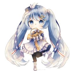 Rule 34 | 1girl, beamed eighth notes, black hat, black pantyhose, blue dress, blue eyes, blue hair, blush, boots, chibi, closed mouth, dress, eighth note, epaulettes, french horn, frilled dress, frills, full body, hair ornament, hairclip, haruta (user dndp3458), hat, hatsune miku, holding, holding instrument, instrument, knee boots, long hair, mini shako cap, musical note, pantyhose, shako cap, simple background, solo, standing, standing on one leg, tilted headwear, twintails, very long hair, vocaloid, white background, white dress, white footwear, x hair ornament, yuki miku, yuki miku (2020)