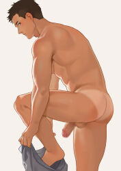 Rule 34 | 1boy, abs, adam&#039;s apple, ass, back, backlighting, bara, barefoot, blush, brown eyes, brown hair, censored, commentary request, completely nude, expressionless, from side, grey male underwear, half-erect, highres, knee up, looking at viewer, looking to the side, male focus, male underwear, male underwear pull, mosaic censoring, nude, original, penis, profile, short hair, shorts tan, shoulder blades, simple background, solo, standing, standing on one leg, tan, tanline, testicles, toned, toned male, uhai, underwear, undressing