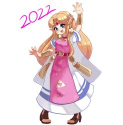 Rule 34 | 1girl, 2022, absurdres, belt, blonde hair, blue eyes, breasts, dress, elf, full body, grin, highres, long hair, looking at viewer, medium breasts, nintendo, pink dress, pointy ears, princess zelda, smile, solo, striped clothes, striped dress, super smash bros., the legend of zelda, the legend of zelda: a link between worlds, tiara, triforce, waving