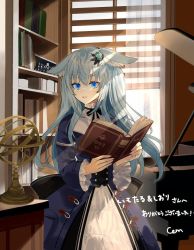 Rule 34 | 1girl, animal ears, blue eyes, blue hair, book, chiemo (xcem), commission, dress, flower, glasses, hair flower, hair ornament, instrument, long hair, long sleeves, open mouth, orb, original, piano, skeb commission, solo, very long hair, vrchat, window