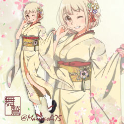 Rule 34 | 1girl, alternate costume, blonde hair, blush, breasts, brown eyes, cherry blossoms, floral print, floral print kimono, flower, full body, furisode, geta, hair flower, hair ornament, hand to own mouth, hands up, highres, japanese clothes, kimono, long sleeves, looking at viewer, lycoris recoil, maiwashi0922, medium breasts, nishikigi chisato, obi, one eye closed, petals, print kimono, sash, short hair, signature, smile, solo, standing, tabi, twitter username, wide sleeves