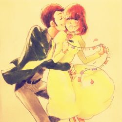 Rule 34 | 1boy, 1girl, arsene lupin iii, brown hair, castle of cagliostro, clarisse de cagliostro, dress, closed eyes, flower, formal, happy, lupin iii, smile, suit