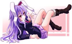 Rule 34 | 1girl, animal ears, arm support, blazer, blush, boots, breasts, rabbit ears, character name, collared shirt, floppy ears, heart, highres, jacket, knee boots, leaning back, long hair, looking at viewer, lying, medium breasts, miniskirt, necktie, purple hair, red eyes, reisen udongein inaba, shirt, skirt, smile, solo, tanakara, touhou