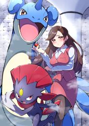 Rule 34 | 1girl, absurdres, arm under breasts, blush, breasts, brown eyes, brown hair, brown pantyhose, closed mouth, collared shirt, commentary request, creatures (company), fog, game freak, gen 1 pokemon, gen 4 pokemon, hand up, highres, holding, holding poke ball, lapras, large breasts, long hair, long sleeves, looking at viewer, medium breasts, nintendo, office worker (pokemon), pantyhose, pink skirt, pink vest, poke ball, poke ball (basic), pokemon, pokemon (creature), pokemon bw, pon yui, shirt, skirt, vest, weavile, white shirt