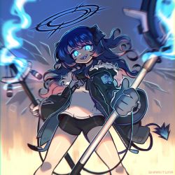 Rule 34 | 1girl, :d, absurdres, arknights, asymmetrical gloves, black gloves, black jacket, black shorts, black wings, blue background, blue eyes, blue fire, blue hair, blue tongue, chest strap, colored tongue, dark halo, demon girl, demon horns, demon tail, detached wings, dual wielding, energy wings, feet out of frame, fire, foreshortening, gloves, glowing, glowing eyes, gradient background, halo, highres, holding, holding staff, hood, hood down, hooded jacket, horns, jacket, long hair, long sleeves, looking at viewer, mismatched gloves, mostima (arknights), open clothes, open jacket, open mouth, sharktuna, shirt, shorts, simple background, smile, solo, staff, tail, teeth, upper teeth only, white gloves, white shirt, wings, yellow background