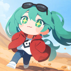 +_+ 1girl :3 aqua_eyes aqua_hair black-framed_eyewear blue_pants blue_sky blush blush_stickers chibi closed_mouth cloud day denim desert eyelashes eyewear_on_head full_body hands_in_pockets hatsune_miku highres jacket jeans long_hair open_clothes open_jacket outdoors pants red_jacket sand shirt shoes sky smile solo suna_no_wakusei_(vocaloid) sunglasses tsui twintails vocaloid walking white_footwear white_shirt