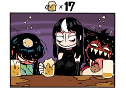 Rule 34 | 3girls, alcohol, animal ears, bare shoulders, beer, beer mug, black hair, border, breasts, colored skin, counter, cup, detached sleeves, drunk, green shirt, green skin, highres, jacket, jitome, large breasts, long hair, long sleeves, looking at viewer, monster girl, mug, multicolored hair, multiple girls, neneko (rariatto), nervous sweating, noss (rariatto), open clothes, open jacket, open mouth, original, rariatto (ganguri), red jacket, rudy (rariatto), saliva, sanpaku, sharp teeth, shirt, short sleeves, sleeves past wrists, smile, squeans, streaked hair, sweat, teeth, tongue, tongue out, wavy mouth, white border, white hair, white shirt, wolf ears