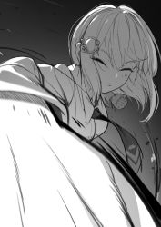Rule 34 | 1girl, bad id, bad pixiv id, breasts, clenched hands, closed eyes, closed mouth, collared shirt, commentary, english commentary, foreshortening, greyscale, hair ornament, highres, hololive, hololive english, incoming attack, incoming punch, long sleeves, looking at viewer, manamachii, medium breasts, monochrome, motion blur, motion lines, necktie, punching, shirt, short hair, solo, virtual youtuber, watson amelia