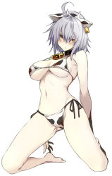 Rule 34 | 10mo, ahoge, animal ears, animal print, bikini, blush, choker, cow ears, cow print, fate/grand order, fate (series), hair between eyes, highres, jeanne d&#039;arc (fate), jeanne d&#039;arc alter (avenger) (fate), jeanne d&#039;arc alter (fate), looking at viewer, neck bell, short hair, silver hair, simple background, solo, swimsuit, white background, yellow eyes