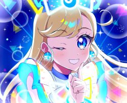 Rule 34 | 1girl, ;d, bare shoulders, blonde hair, blue background, blue bow, blue eyes, bow, finger to mouth, glowing clothes, grin, hair bow, hand up, highres, higuluma, himitsu no aipri, hoshikawa mitsuki, idol clothes, index finger raised, long hair, looking at viewer, one eye closed, open mouth, pretty series, shushing, smile, solo, sparkle, upper body