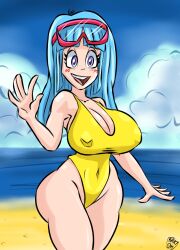 Rule 34 | 1girl, alternate breast size, bare shoulders, beach, blue eyes, blue hair, blue sky, bouncing breasts, breasts, casual one-piece swimsuit, cleavage, curvy, derivative work, diving mask, diving mask on head, dragon ball, dragonball z, goggles, goggles on head, highleg, highleg swimsuit, highres, long hair, looking at viewer, maikyoh, maron (dragon ball), maron redraw challenge (meme), meme, meme attire, one-piece swimsuit, open mouth, salute, screenshot redraw, shiny skin, sky, smile, swimsuit, thong one-piece swimsuit, water, wide hips, yellow one-piece swimsuit