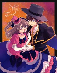 Rule 34 | 1boy, 1girl, arm around waist, black bow, black capelet, black choker, black headwear, black jacket, black pants, black ribbon, blue dress, blue eyes, bow, brown hair, capelet, choker, closed mouth, commentary, delicious party precure, dress, dress bow, elbow gloves, english text, frilled dress, frills, gloves, hair ribbon, hand on another&#039;s shoulder, happy halloween, hat, hetero, high collar, highres, holding hands, jacket, kome-kome (precure), layered dress, long dress, long hair, long sleeves, looking at another, looking at viewer, mini hat, mini witch hat, nagomi yui, open mouth, pants, pink dress, pink headwear, precure, puffy short sleeves, puffy sleeves, purple eyes, ribbon, shinada takumi, shirt, short hair, short sleeves, smile, sorashinakei k, standing, star (symbol), tilted headwear, top hat, two-tone dress, two side up, white gloves, white shirt, witch hat