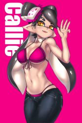 Rule 34 | + +, 1girl, arm behind back, bad id, bad pixiv id, bikini, bikini under clothes, black hair, black pants, breasts, callie (splatoon), character name, cleavage, collar, commentary, cowboy shot, denim, detached collar, food, food on head, front-tie bikini top, front-tie top, guchi (tako undead), half-closed eyes, highres, inkling, jeans, long hair, looking at viewer, lowleg, lowleg pants, mask, medium breasts, mole, mole under eye, navel, nintendo, object on head, open mouth, pants, pink background, pink bikini, pointy ears, simple background, skindentation, smile, solo, standing, string bikini, sushi, swimsuit, tentacle hair, waving, white collar, wing collar, yellow eyes