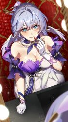 Rule 34 | 1girl, absurdres, applying makeup, bare shoulders, blue eyes, blue hair, blush, bracelet, breasts, cleavage, commentary, cowboy shot, cruzvu, dress, english commentary, full-length mirror, gloves, hair between eyes, halo, head wings, highres, honkai: star rail, honkai (series), jewel under eye, jewelry, large breasts, lipstick, looking at reflection, makeup, mirror, necklace, pearl bracelet, reflection, robin (honkai: star rail), smile, solo, white dress, white gloves, wings