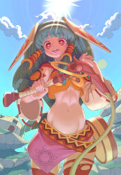 Rule 34 | 1girl, absurdres, breasts, cloud, feena (grandia), grandia, grandia i, green hair, hair ornament, hair tubes, highres, holding, holding whip, long hair, looking at viewer, low-tied long hair, medium breasts, midriff, navel, open mouth, skirt, smile, solo, sun, thighhighs, whip, wide sleeves, zinguuzisaburou