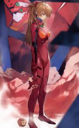 Rule 34 | 1girl, absurdres, arms at sides, blue eyes, bodysuit, breasts, brown hair, commentary, eva 02, from side, hair ornament, hair over one eye, highres, holding, long hair, looking at viewer, medium breasts, neon genesis evangelion, orange hair, plugsuit, solo, souryuu asuka langley, yoshio (55level)