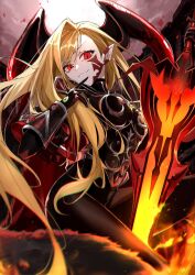Rule 34 | 1girl, arm guards, armor, asymmetrical bangs, black armor, black bodysuit, black gloves, blonde hair, bodysuit, breastplate, breasts, cape, facial mark, fate/grand order, fate (series), fur-trimmed cape, fur trim, gloves, hair over one eye, highres, horns, kino kokko, large breasts, long hair, looking at viewer, nero claudius (fate), nero claudius (fate) (all), pauldrons, pointy ears, queen draco (fate), queen draco (third ascension) (fate), red eyes, shoulder armor, smile, solo, sword, thighs, weapon