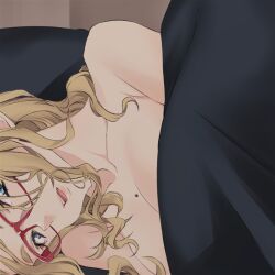 Rule 34 | 1girl, blonde hair, blue eyes, breasts, dekomegane, indoors, long hair, looking at viewer, lying, medium breasts, mole, mole on breast, nude, on side, open mouth, original, sasetsu, smile, solo, thick eyebrows, under covers, wavy hair