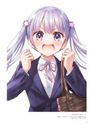 Rule 34 | 1girl, :d, bag, blazer, blush, copyright name, dress shirt, hair ornament, handbag, highres, jacket, long hair, long sleeves, looking at viewer, neck ribbon, new game!, official art, open mouth, page number, pink ribbon, purple eyes, purple jacket, ribbon, shirt, silver hair, smile, solo, suzukaze aoba, tokunou shoutarou, twintails, upper body, v-shaped eyebrows, very long hair, white background, white shirt