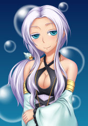 Rule 34 | 1girl, aqua eyes, arm grab, armband, bare shoulders, blue background, blush, body blush, breasts, bubble, cleavage, collarbone, detached sleeves, duel monster, female focus, gradient background, hair ornament, halterneck, head tilt, jewelry, light smile, long hair, long image, looking at viewer, pataneet, ritua natalia, smile, solo, standing, tall image, upper body, white hair, yu-gi-oh!, yu-gi-oh! duel monsters