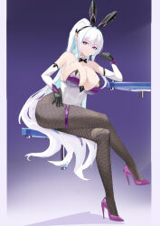 Rule 34 | 1girl, absurdres, animal ears, aqua pupils, azur lane, black gloves, breasts, cleavage, crossed legs, detached collar, elbow gloves, fake animal ears, fishnet pantyhose, fishnets, full body, gloves, high heels, highres, kearsarge (all night charge) (azur lane), kearsarge (azur lane), large breasts, leotard, long hair, multicolored leotard, official alternate costume, pantyhose, playboy bunny, ponytail, purple leotard, simple background, sitting, strapless, strapless leotard, suo bu ye feng, thigh strap, very long hair, white hair