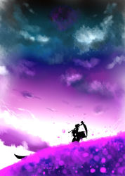 Rule 34 | 2girls, boat, cloud, dress, female focus, field, floating hair, height difference, holding, holding weapon, multiple girls, onozuka komachi, outdoors, over shoulder, pink sky, pink theme, scythe, shiki eiki, short hair, silhouette, sky, standing, touhou, twintails, watercraft, weapon, weapon over shoulder, wind, yae (mono110)