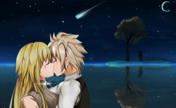 Rule 34 | 1boy, 1girl, ahoge, blonde hair, blush, brown hair, closed eyes, comet, couple, crying, face-to-face, fate/apocrypha, fate (series), from side, hetero, hug, jeanne d&#039;arc (fate), jeanne d&#039;arc (ruler) (fate), kiss, long hair, looking at another, moon, night, night sky, ocean, shirt, short hair, sieg (fate), sky, sleeveless, sleeveless shirt, star (sky), starry moon, starry sky, those girls, tree, very long hair, waistcoat, white shirt