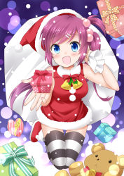 Rule 34 | 1girl, absurdres, blue eyes, christmas, commentary request, dress, foreshortening, fur-trimmed dress, fur trim, gift, hat, highres, little busters!, long hair, purple hair, red dress, red hat, sack, saigusa haruka, santa costume, santa hat, side ponytail, sleeveless, sleeveless dress, smile, solo, striped clothes, striped thighhighs, stuffed animal, stuffed toy, teddy bear, thighhighs, yoshikita popuri