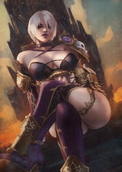 Rule 34 | 1girl, ass, breasts, cleavage, crossed legs, high heels, highres, isabella valentine, large breasts, lips, lipstick, makeup, monori rogue, short hair, sitting, solo, soul calibur, white hair